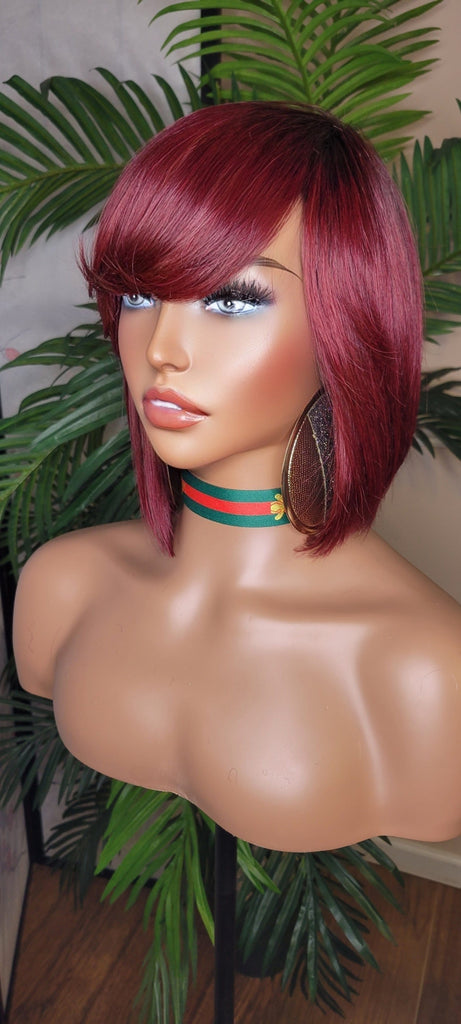 Burgundy Hair Brazilian Remy Human Hair Remy Short Hair Bob Style Swoop Bang Wig Full Cap Wig - Beauty Blessings LLC
