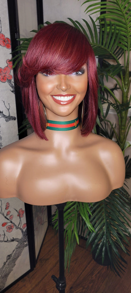 Burgundy Hair Brazilian Remy Human Hair Remy Short Hair Bob Style Swoop Bang Wig Full Cap Wig - Beauty Blessings LLC