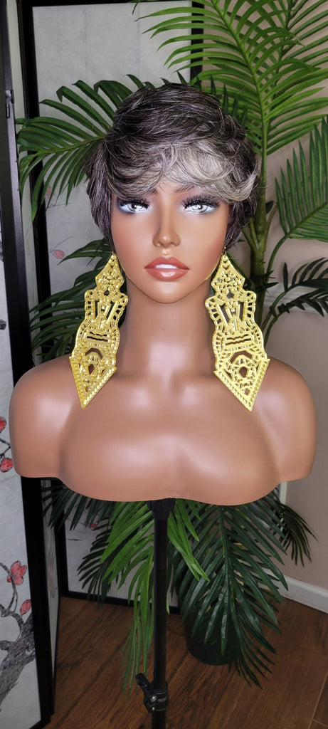 Salt Pepper Gray Mix Hair Brazilian Remy 100% Human Hair Pixie Cut Swoop Bang Hairstyle Human Hair Wig - Beauty Blessings LLC
