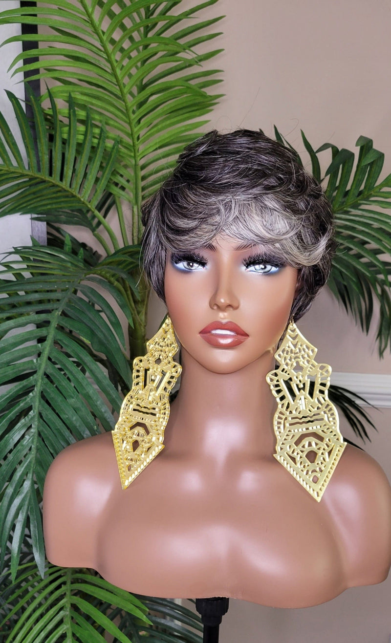 Salt Pepper Gray Mix Hair Brazilian Remy 100% Human Hair Pixie Cut Swoop Bang Hairstyle Human Hair Wig - Beauty Blessings LLC