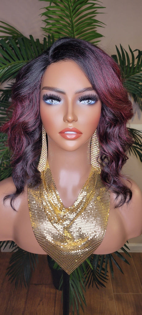 WIG Burgundy Hair Wig Bob Style Loose Wave Lace Wig Preplucked Lace Wig Swoop Bang Hair Ombre Burgundy Dark Wine Plum Color Wig - Beauty Blessings LLC