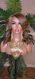 Body Wave Hair Bob Hairstyle Glueless Lace Front Wig with Swoop Bangs Brown Golden Blonde Mix Colored Hair Lace Part Wig - Beauty Blessings LLC