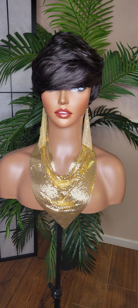 Pixie Cut Hairstyle Brazilian Remy 100% Human Hair Fashion Glueless Wig Black Hair Wig - Beauty Blessings LLC