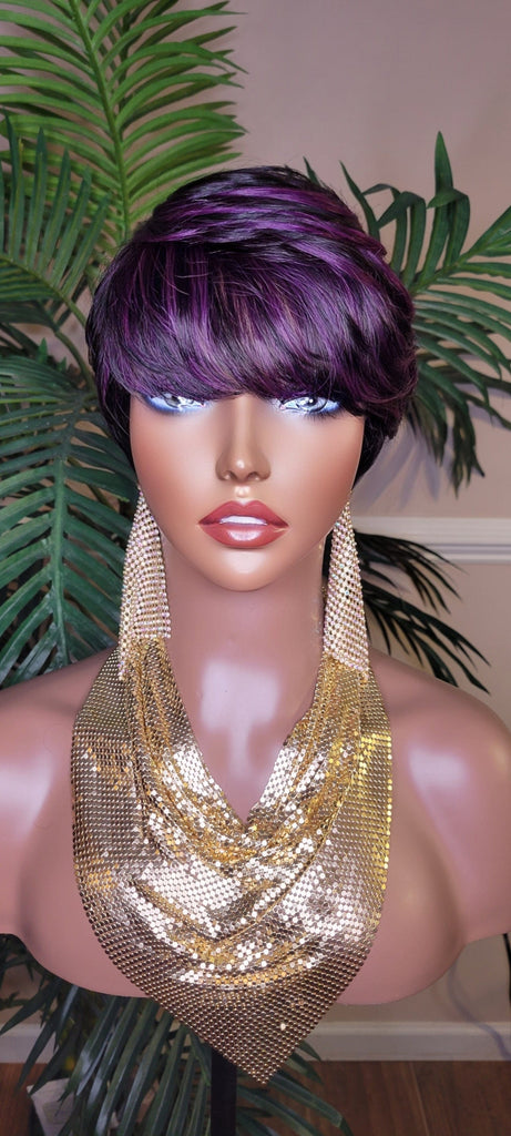 Purple Hair Wig Swoop Bang Pixie Cut Remy 100% Human Hair Wig Short Hairstyle Colored Glueless Wig - Beauty Blessings LLC