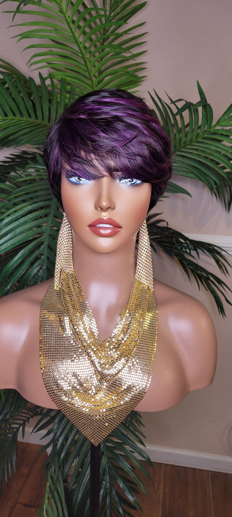 Purple Hair Wig Swoop Bang Pixie Cut Remy 100% Human Hair Wig Short Hairstyle Colored Glueless Wig - Beauty Blessings LLC