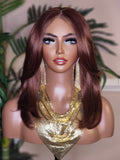 Ombre Brown Burgundy Copper Hair Wig Yaki Texture Blow Out Hairstyle Lace Front Glueless Wig Straight Coarse Kinky Medium Length Hair Wig - Beauty Blessings LLC