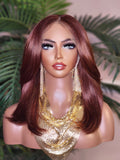 Ombre Brown Burgundy Copper Hair Wig Yaki Texture Blow Out Hairstyle Lace Front Glueless Wig Straight Coarse Kinky Medium Length Hair Wig - Beauty Blessings LLC
