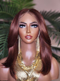 Ombre Brown Burgundy Copper Hair Wig Yaki Texture Blow Out Hairstyle Lace Front Glueless Wig Straight Coarse Kinky Medium Length Hair Wig