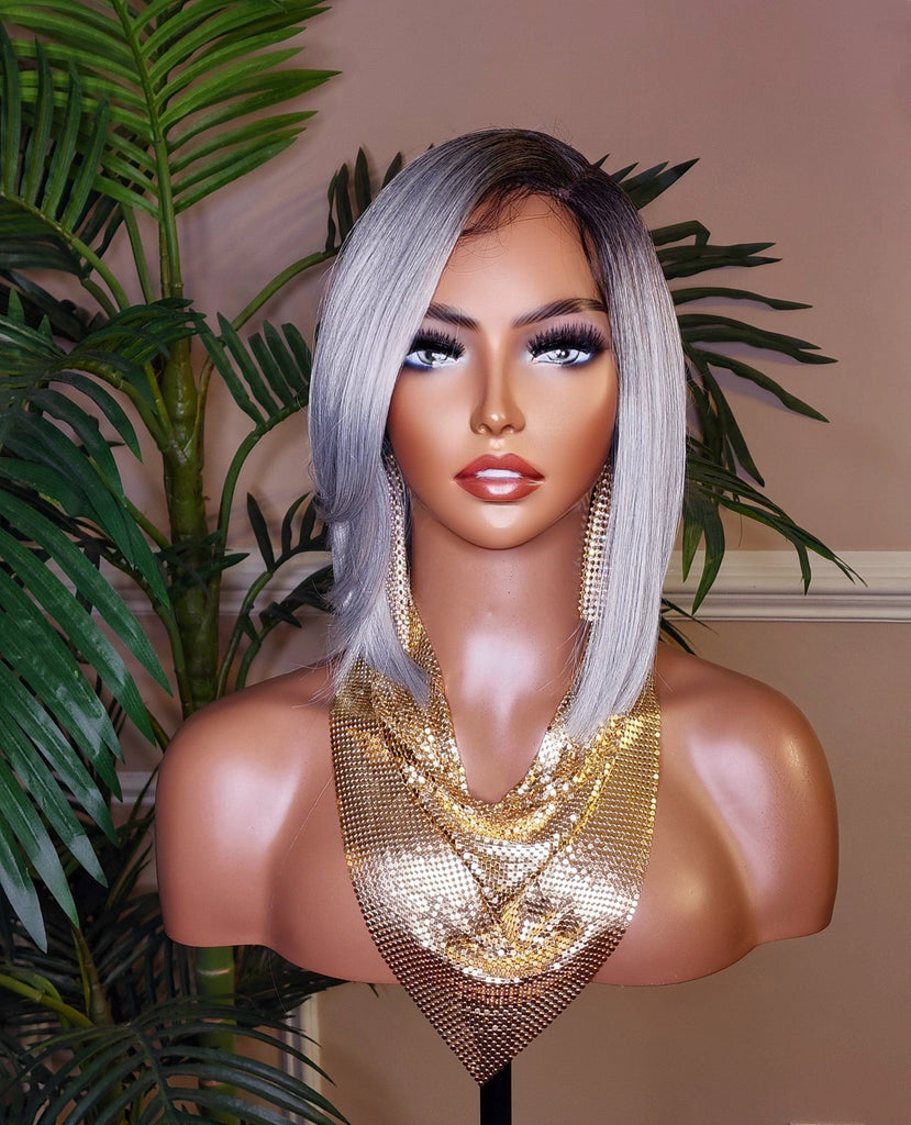 Gray Hair Bob Hairstyle Wig Layered Swoop Bang Style Clipper Cut Short Hair Wig Fashion  Platinum Silver Gray Hair Wig - Beauty Blessings LLC