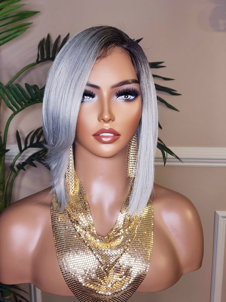 Gray Hair Bob Hairstyle Wig Layered Swoop Bang Style Clipper Cut Short Hair Wig Fashion  Platinum Silver Gray Hair Wig - Beauty Blessings LLC