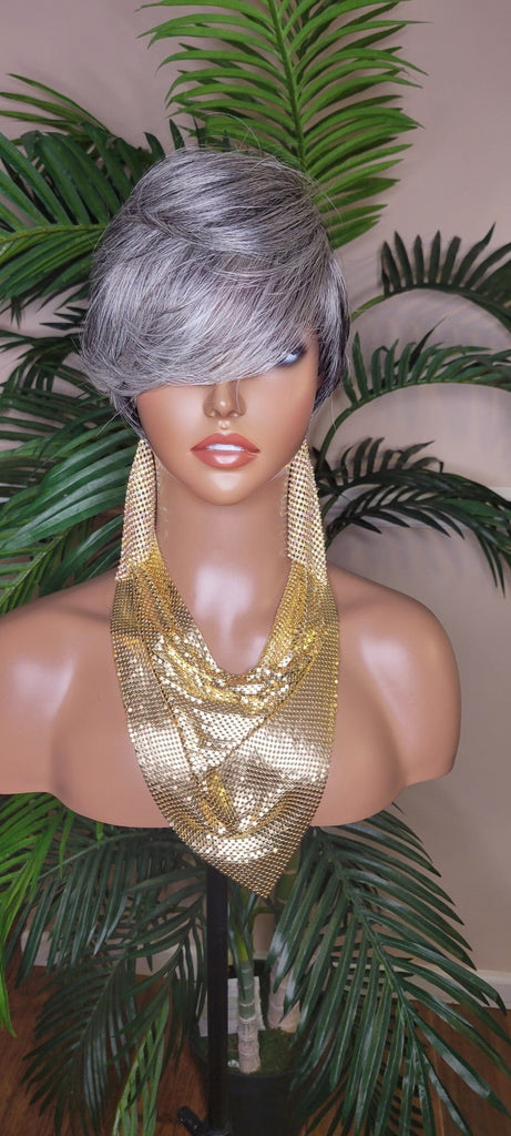 Gray Hair Wig Pixie Cut Swoop Bang Short Cut Hairstyle Gray Black Mix Colored Hair - Beauty Blessings LLC