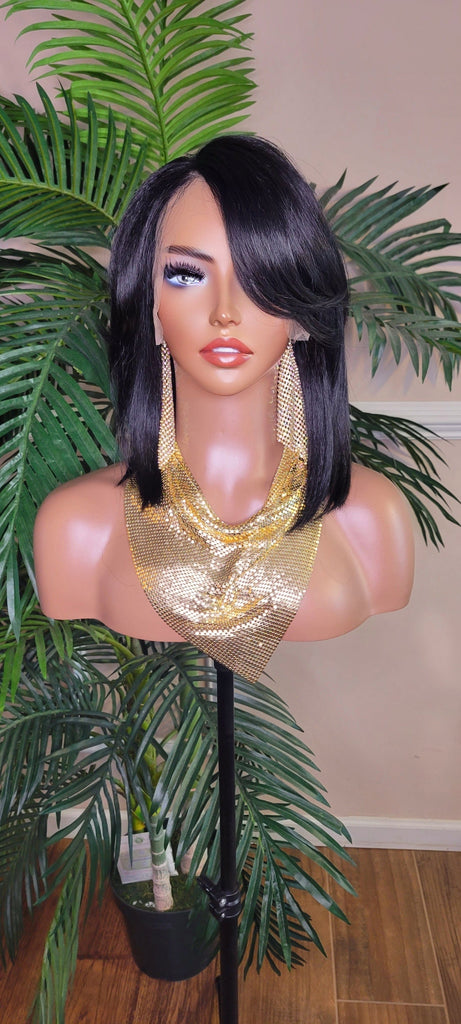 Bob Cut Wig Swoop Bang Hairstyle Lace Front Wig Short Cut Glueless Lace Wig Flexible Parting Space Natural Hairline - Beauty Blessings LLC
