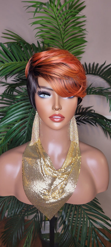 Copper Color Wig  Swoop Bang Wig Short Cut Celebrity Inspired Pixie Cut Hair Wig with Swooo Bangs and Layers Color Shown Off Black Ombre Copper Bang - Beauty Blessings LLC