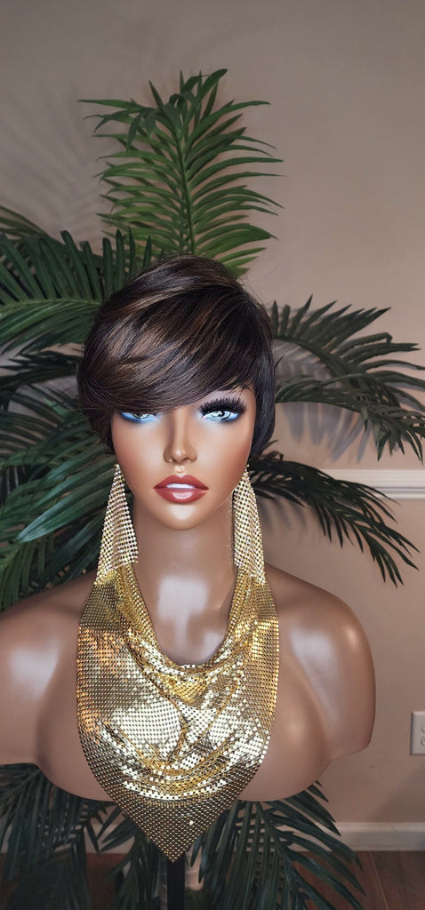 Pixie Cut Wig Chocolate Brown Dark Brown Auburn Hair Short Hairstyle Wig with Swoop Bangs Hair Glueless Wigs for Women Celebrity Hairstyles - Beauty Blessings LLC