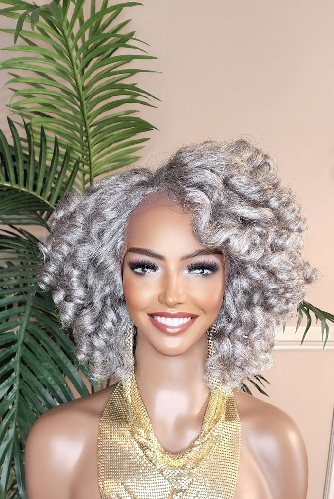 Gray Hair Wig Short Bob Hairstyle Afro Curl Hair Voluminous Kinky Hair Lace Front Wig Wand Curly Natural Yaki Texture Bob Wig Baby Hairs - Beauty Blessings LLC