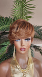 Strawberry Blonde Auburn Black Ombre Color Mix Hair Swoop Bang Pixie Cut Wig Short Hairstyle Glueless Wig Pin Curl Bang - Beauty Blessings LLC