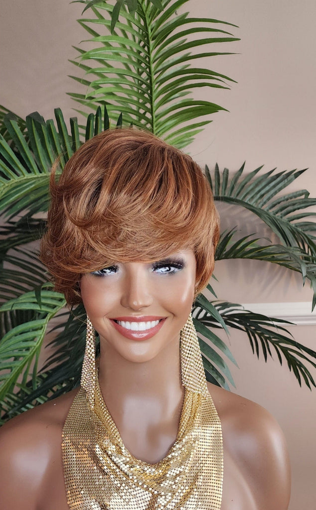 Strawberry Blonde Auburn Black Ombre Color Mix Hair Swoop Bang Pixie Cut Wig Short Hairstyle Glueless Wig Pin Curl Bang - Beauty Blessings LLC