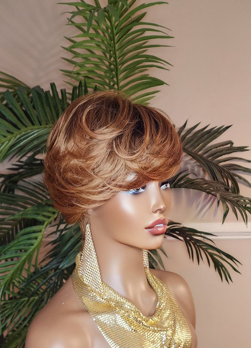 Strawberry Blonde Auburn Black Ombre Color Mix Hair Swoop Bang Pixie Cut Wig Short Hairstyle Glueless Wig Pin Curl Bang - Beauty Blessings LLC