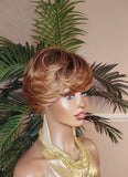 Strawberry Blonde Auburn Black Ombre Color Mix Hair Swoop Bang Pixie Cut Wig Short Hairstyle Glueless Wig Pin Curl Bang - Beauty Blessings LLC