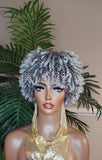 White Gray Hair Wig Coil Kinky Twist Spiral Curl Pixie Short Afro Natural Hairstyle Wig Ombre Black Gray Salt Pepper Human Hair Blend Wig  - Beauty Blessings LLC