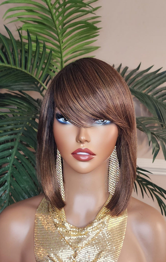 Auburn Hair Chocolate Brown Hair Wig Pixie Cut Bob Hairstyle Swoop Bang Glueless Full Cap Wig Ombre Auburn Brown Wig - Beauty Blessings LLC