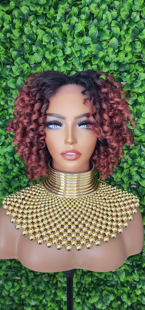Short Bob Kinky Afro Curl Lace Front Wig Small Wand Curl Bob Natural Yaki Bob Wig Glueless Preplucked Lace Wig Ombre Burgundy Hair - Beauty Blessings LLC