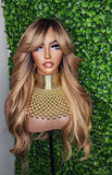 Honey Blonde Mix Hair Wig Loose Curl Long Hair Swoop Bang Hair Layered Curls Full Cap Wig Fashion Hairstyle Glueless Wig - Beauty Blessings LLC