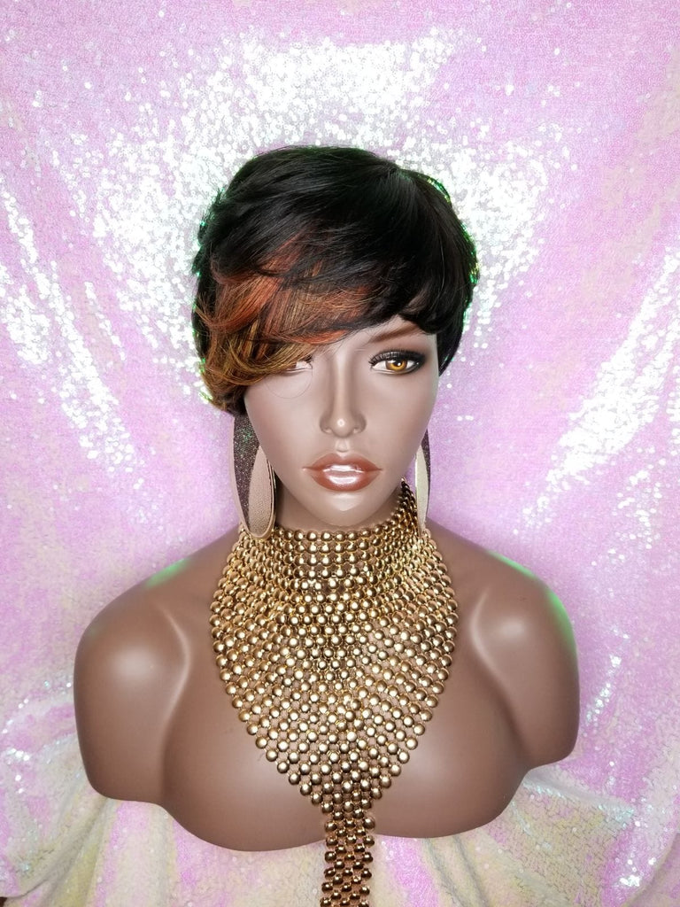 Pixie Cut Brazilian Remy 100% Human Hair Wig Swoop Bangs Wigs - Beauty Blessings LLC