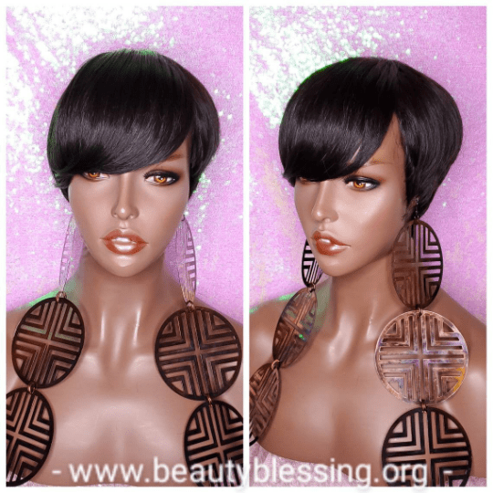 Salt Pepper Gray Hair Wig Swoop Bang Pixie Cut Indian Remy Human Hair Wig Colored Gray Hair Wig - Beauty Blessing Wigs & Hair Extensions Boutique