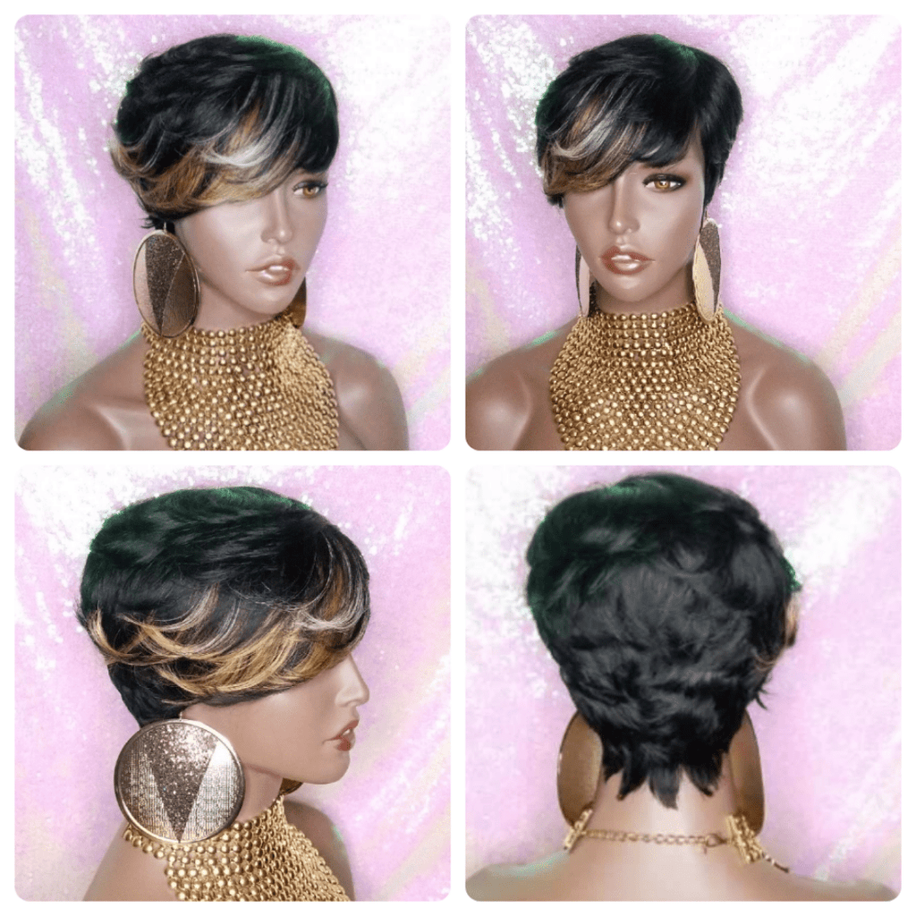 Pixie Cut Brazilian Remy 100% Human Hair Wig Swoop Bangs Wigs - Beauty Blessings LLC