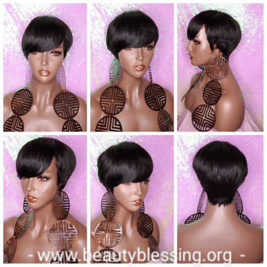Salt Pepper Gray Hair Wig Swoop Bang Pixie Cut Indian Remy Human Hair Wig Colored Gray Hair Wig - Beauty Blessing Wigs & Hair Extensions Boutique