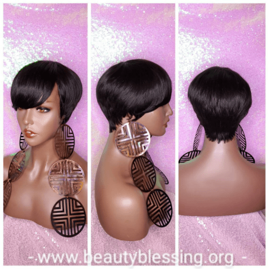 Salt Pepper Gray Hair Wig Swoop Bang Pixie Cut Indian Remy Human Hair Wig Colored Gray Hair Wig - Beauty Blessing Wigs & Hair Extensions Boutique
