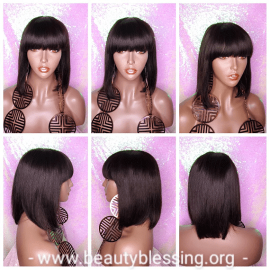 Straight Hair Short Bob Bang Peruvian Remy Glueless 100% Human Hair Wig Bob Hair China Bang Wig - Beauty Blessings LLC