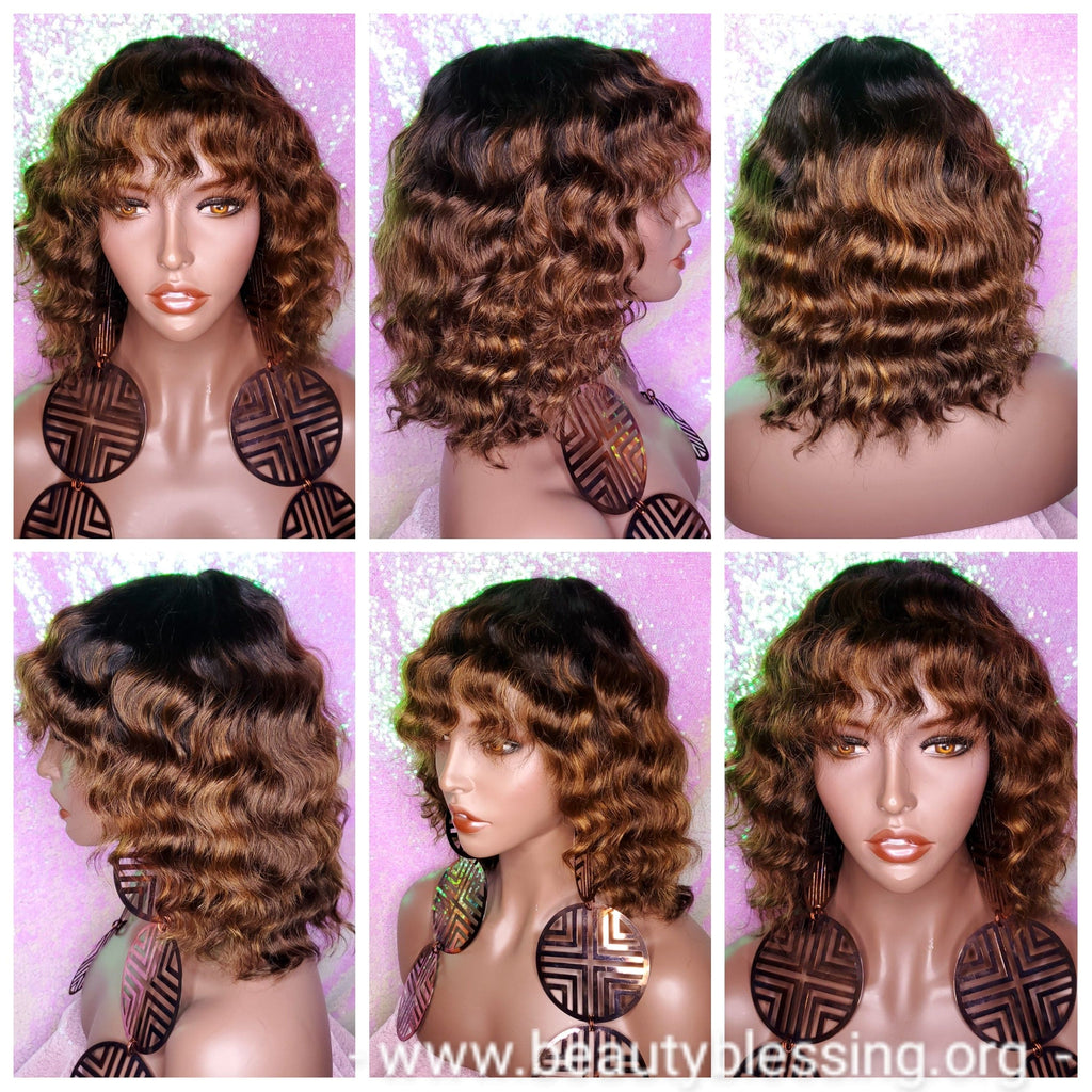 Wig Deep Wave Brazilian Remy 100% Human Hair Natural Hair Short Wig Ombre Auburn Chocolate Dark Brown Hair Wig - Beauty Blessing Wigs & Hair Extensions Boutique