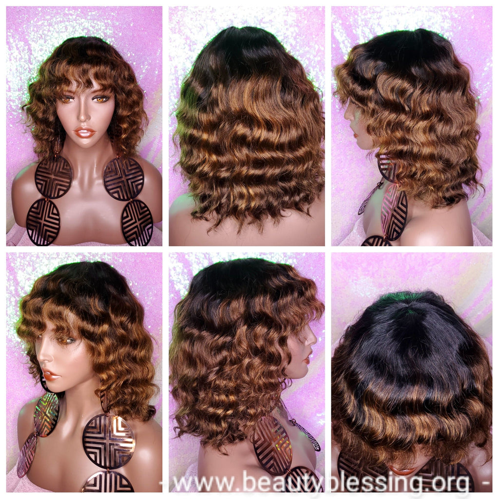 Wig Deep Wave Brazilian Remy 100% Human Hair Natural Hair Short Wig Ombre Auburn Chocolate Dark Brown Hair Wig - Beauty Blessing Wigs & Hair Extensions Boutique