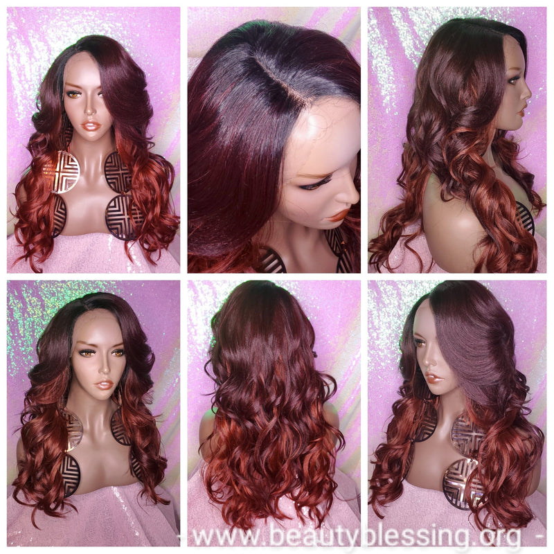 WIG Long Loose Wavy Curl Premium Fiber Heat Resistant Lace Wig Ombre Wine Red Cooper Hair Wigs - Beauty Blessing Wigs & Hair Extensions Boutique