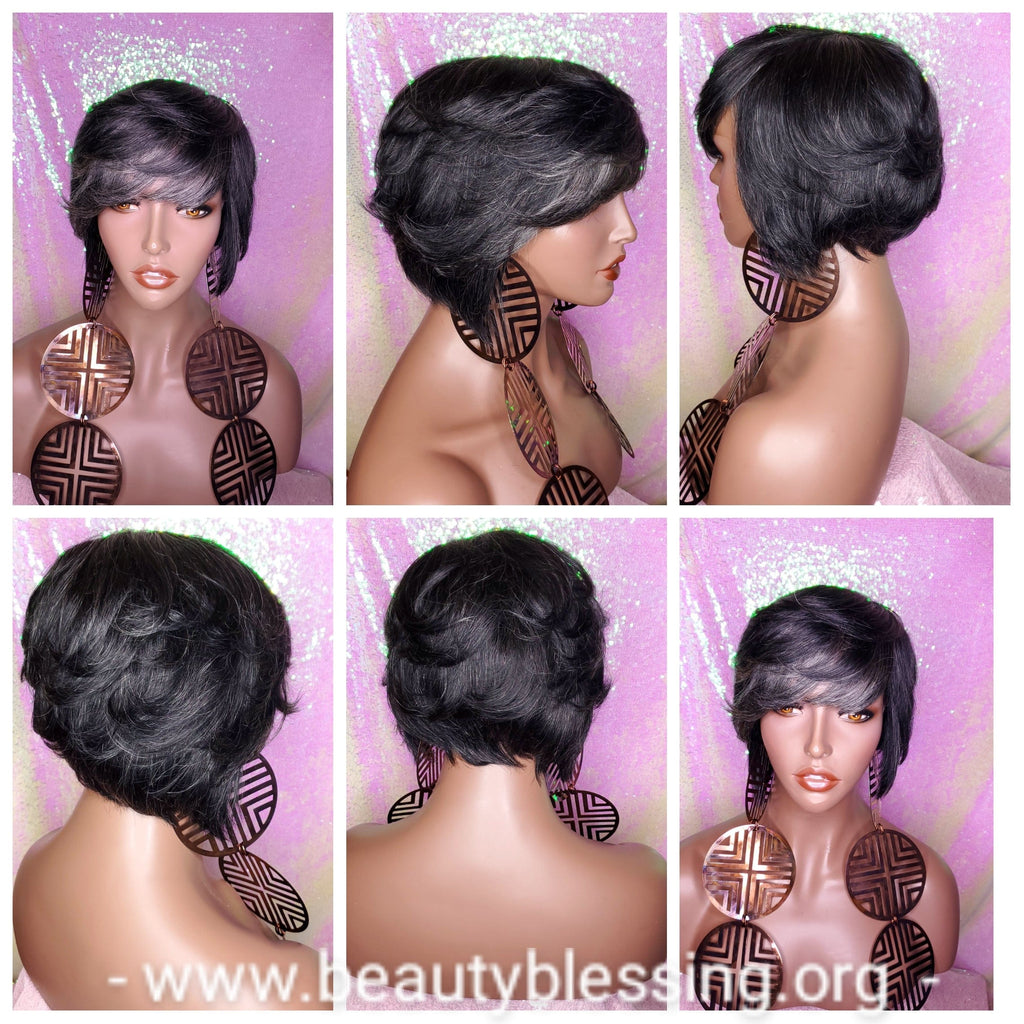 Dark Salt & Pepper Gray Tones Bob Cut Layered Brazilian Remy Human Hair Wig - Beauty Blessing Wigs & Hair Extensions Boutique
