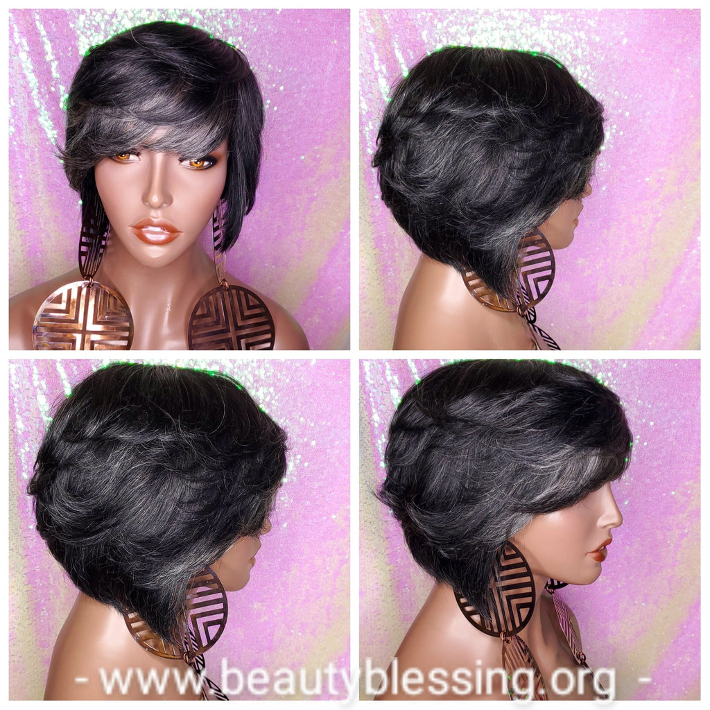 Dark Salt & Pepper Gray Tones Bob Cut Layered Brazilian Remy Human Hair Wig - Beauty Blessing Wigs & Hair Extensions Boutique
