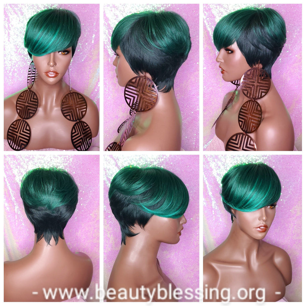 Ombre Green Mix Short Wig  Pixie Cut Style with Swoop Bangs Wig Premium Fiber Hair - Beauty Blessing Wigs & Hair Extensions Boutique