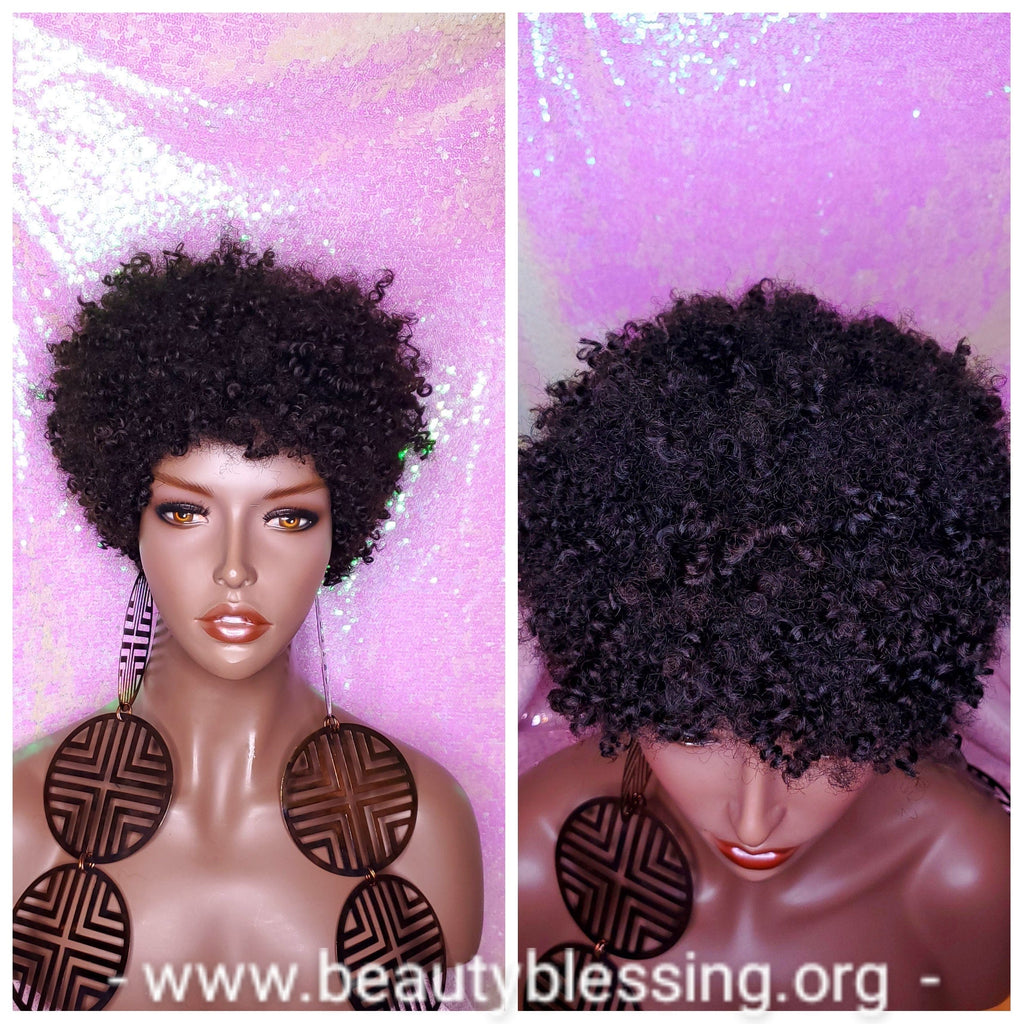 Mongolian Virgin Short Afro Coil Kinky Curl Human Hair Wig Glueless Hair Full Natural Wig - Beauty Blessing Wigs & Hair Extensions Boutique