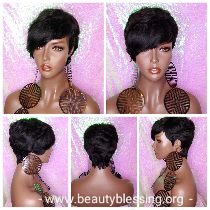 Peruvian Remy 100% Human Hair Short Pixie Razor Cut Swoop Bang Black Brown Gray Color Hair Wig - Beauty Blessing Wigs & Hair Extensions Boutique