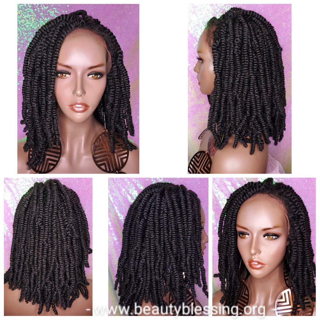 Spring Twist Bob Lace Wig Kinky Twist Braid Hair Lace Front Wig Flexible Parting Bob Lace Wig Layered African Twist Short Hair Premium Fiber Hair - Beauty Blessing Wigs & Hair Extensions Boutique