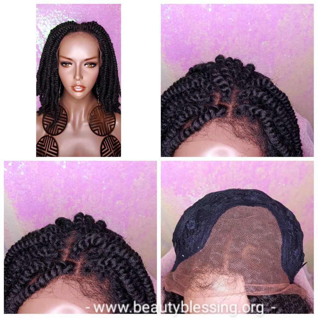 Spring Twist Bob Lace Wig Kinky Twist Braid Hair Lace Front Wig Flexible Parting Bob Lace Wig Layered African Twist Short Hair Premium Fiber Hair - Beauty Blessing Wigs & Hair Extensions Boutique