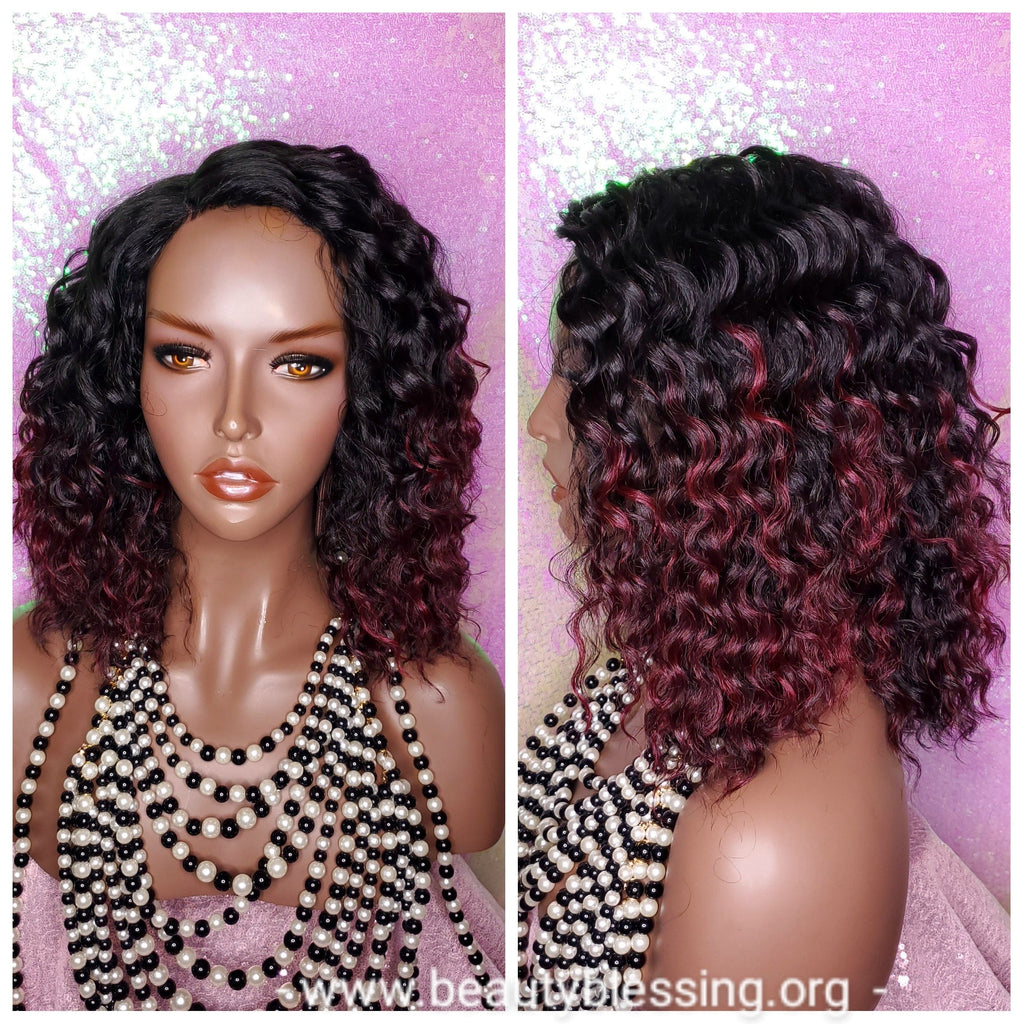 Deep Wave Lace Wig Glueless Lace Wig Burgundy Hair Premium Fiber Wig - Beauty Blessing Wigs & Hair Extensions Boutique