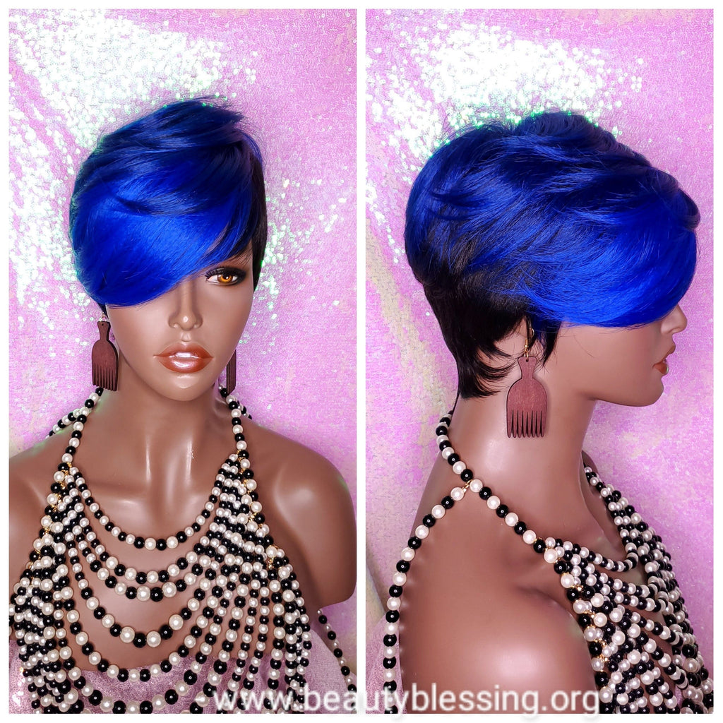 Swoop Bang Pixie Cut Royal Blue Hair Premium Fiber Wig - Beauty Blessing Wigs & Hair Extensions Boutique