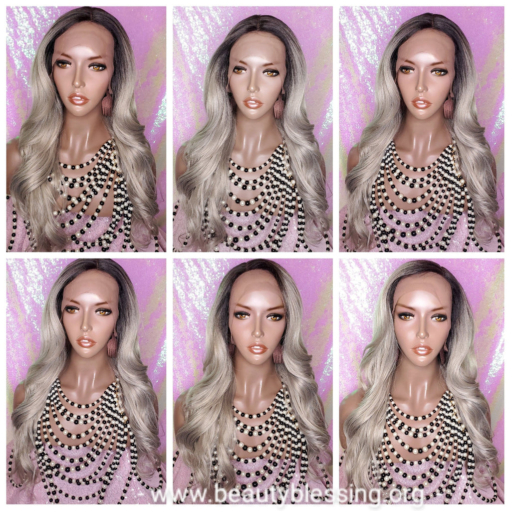 Long Loose Curl Ombre Smoky Gray Glueless Lace Wig Premium Fiber Hair - Beauty Blessing Wigs & Hair Extensions Boutique