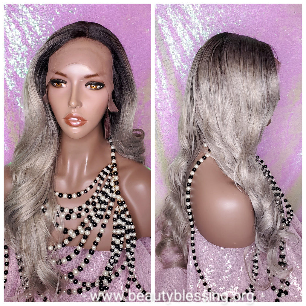 Long Loose Curl Ombre Smoky Gray Glueless Lace Wig Premium Fiber Hair - Beauty Blessing Wigs & Hair Extensions Boutique
