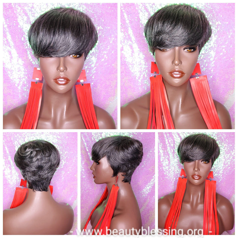 Salt Pepper Gray Hair Wig Swoop Bang Pixie Cut Indian Remy Human Hair Wig Colored Gray Hair Wig - Beauty Blessing Wigs & Hair Extensions Boutique
