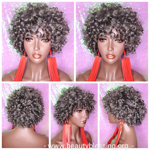 Short Loose Curl Salt Pepper Brazilian Remy 100% Human Hair Full Wig - Beauty Blessing Wigs & Hair Extensions Boutique