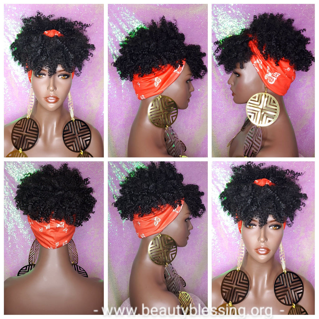Headband Wig Afro Kinky Puff Bangs Wig Afro Curly Hair Wrap Wig Afro Bang Pre-tied Turban Wig - Beauty Blessing Wigs & Hair Extensions Boutique